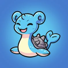 a blue and white cartoon character holding a turtle