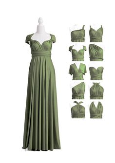 a green dress is shown with different angles