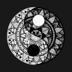 a black and white drawing of a yin - yang symbol on a dark background with circles