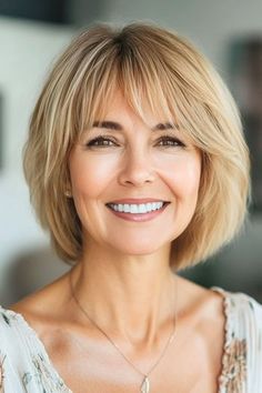 Save this pin for the best layered bob haircuts. Wispy layers create the light, airy texture of this layered bob. A quick blow-dry with a round brush will keep the bangs sleek and the layers beautifully light. Deep Bangs, Wispy Layers, Layered Bangs, Haircut Gray Hair, Haircut Styles For Women, Layered Bob Haircuts, Layered Bobs