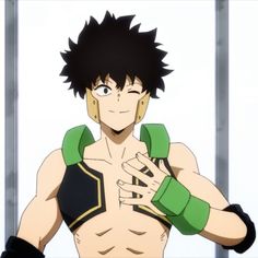 an anime character with black hair and no shirt on holding his hands up to his chest