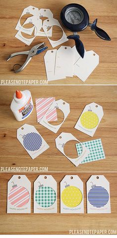 the instructions for how to make paper tags with scissors and glue on a wooden table