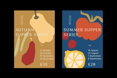 two posters with different types of fruits and vegetables on them, one for autumn and the other for summer series