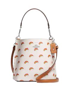 Printed coated canvas and smooth leatherCenter zip compartmentSnap closureDetachable handle with 6 3/4" dropDetachable strap with 22" drop for shoulder or crossbody wear8" (L) x 8 1/2" (H) x 4" (W)Style No. CK375Color: Chalk Multi Coach Mollie Bucket Bag, Rainbow Print, Bucket Bag, Chalk, Rainbow, Canvas