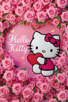 a hello kitty heart surrounded by pink roses with the words hello kitty written on it