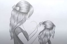 a pencil drawing of two girls with long hair and bows on their heads, one holding the other's hand