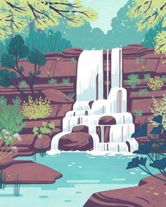 a painting of a waterfall in the woods