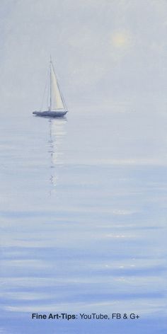 a painting of a sailboat floating in the ocean on a foggy, blue day