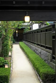 the walkway is lined with green plants and stone walls, leading to an outdoor area