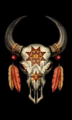 a bull skull with feathers on it's head and a star in the middle