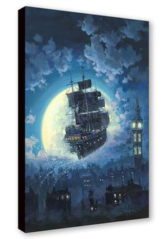 a painting of a ship floating in the air over a city at night with a full moon behind it