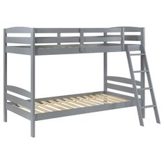 a gray bunk bed with ladders on the bottom and bottom level is shown in front of a white background