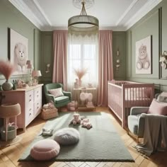 a baby's room with pink and green decor