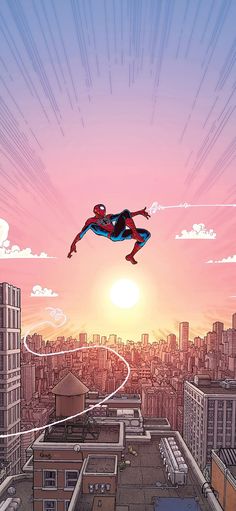 spider - man flying over the city at sunset