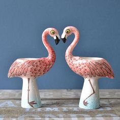 two pink flamingos standing next to each other