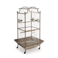 a bird cage on wheels with two birds in the top and bottom sections, one is empty