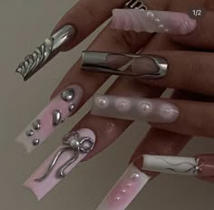 Wet Nails Look, Cybergoth Nails, Pink Silver Nails, Chunky Nails, 3d Chrome Nails, Croquette Nails