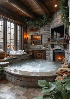 a large hot tub sitting in the middle of a living room next to a fireplace