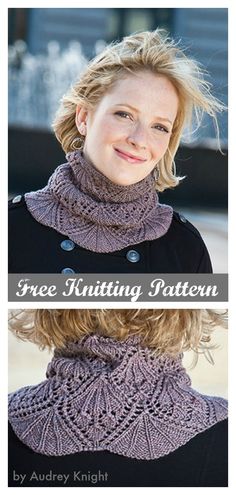 a woman wearing a purple knitted cowl with the words free knitting pattern on it