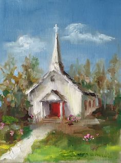 a painting of a small church with a red door and steeple in the background