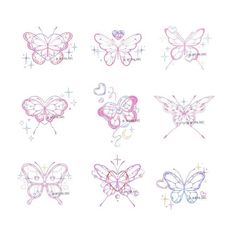 six different colored butterflies are shown in this drawing technique, with the words love written on them