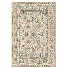 a white rug with an ornate design on the front and back side, in various colors