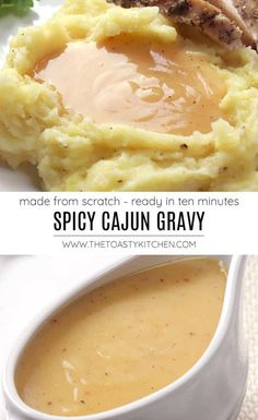 the recipe for spicy cajun gravy is shown in two different pictures, with text overlay