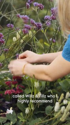 a woman is tending to some flowers in the garden with her hands and writing that reads, called wiltz & fizz who highly recommend