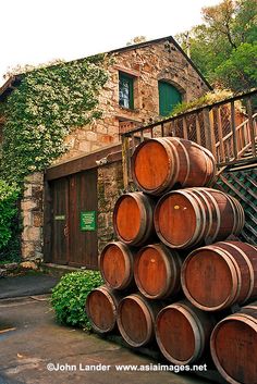 several wooden barrels stacked on top of each other in front of a building with ivy growing around it