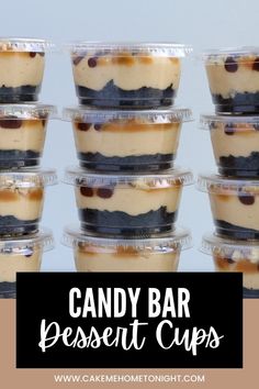 there are many desserts in plastic containers stacked on top of each other with blueberries