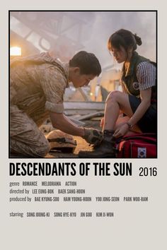 a man and woman sitting next to each other in front of a poster that says, descendants of the sun 2016