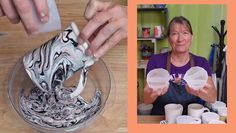 a woman is pouring something into a bowl with plastic cups in front of her and an image of a person holding one