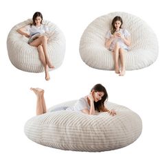 three images of a woman sitting on a bean bag chair with her legs crossed and reading