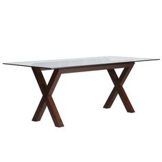 a glass table with wooden legs on a white background