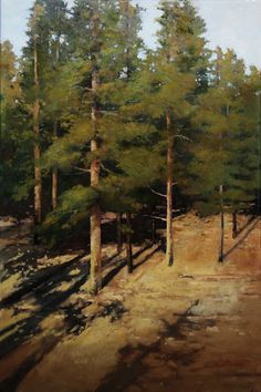 an oil painting of trees in the woods