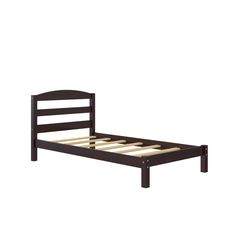 a bed frame with wooden slats and no headboard is shown against a white background