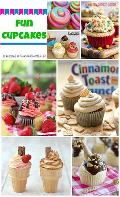 a collage of cupcakes with frosting, strawberries, and more