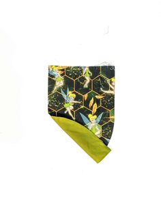 a green tie with yellow and black designs on it's side, featuring tinkerbells