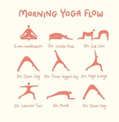 a woman doing yoga poses with the words'morning yoga flow'in different languages