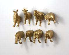 there are many gold animals on the white background with words animal magnets written below them