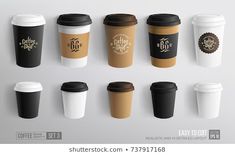 coffee cups are lined up on the wall, with different designs and sizes to choose from