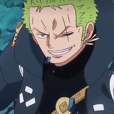 an anime character with green hair and piercings on his ears, wearing a black outfit