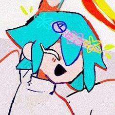 a drawing of a girl with blue hair and an orange bird above her head, in front of a white background