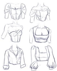 four different ways to draw the back of a top and shirt, with one woman's head in her hands