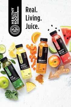 an advertisement for healthy juice with fruits and vegetables surrounding it on a white background that says real living juice