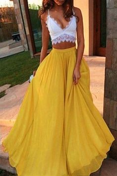 Yellow High Waisted Maxi Skirt YELLOW: Skirts | ZAFUL Yellow Maxi Skirts, Yellow Evening Dresses, 2 Piece Prom Dress, Beach Holiday Dresses, Skirt Diy, Boho Chique, Boho Mode, Chiffon Maxi Skirt