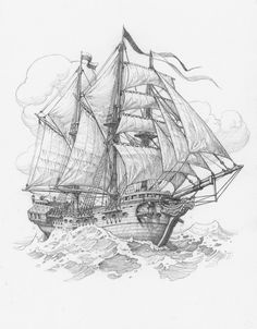 a drawing of a pirate ship in the ocean