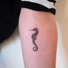 a black and white photo of a seahorse tattoo on the right thigh, with an outline of a sea horse