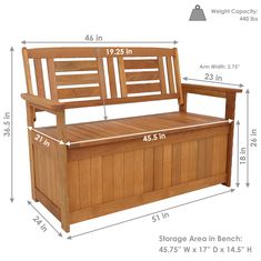 a wooden bench with measurements for the seat and back side, along with an additional storage area in each section