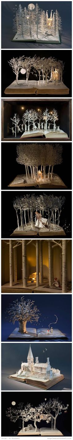 four different views of an architectural model in multiple stages, including the building and trees